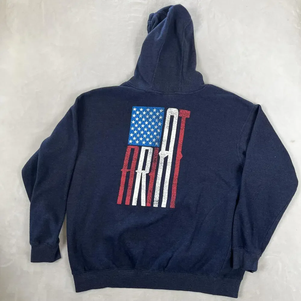 Ariat Hoodie Mens 2XL Blue Fleece Pullover Sweatshirt USA Flag Logo Graphic